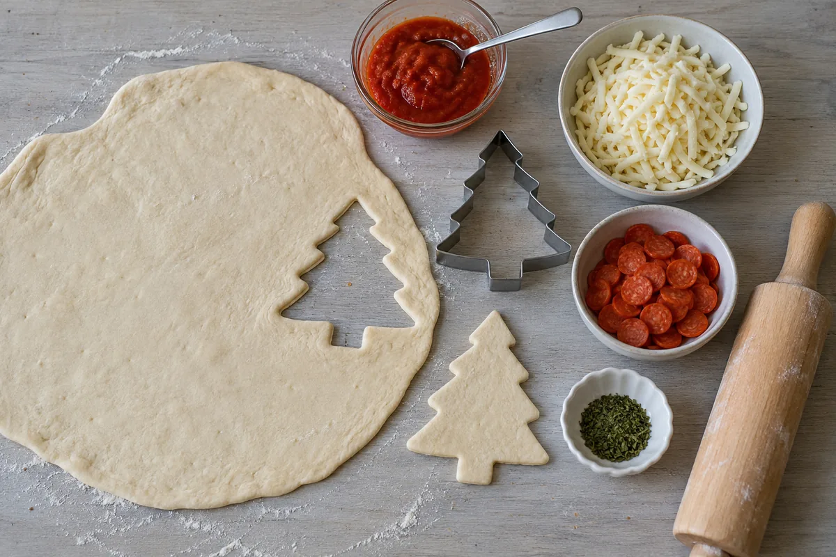 Christmas Tree Pizza – ingredients with pizza dough, pizza sauce, shredded mozzarella, mini pepperoni, parsley and a tree cookie cutter