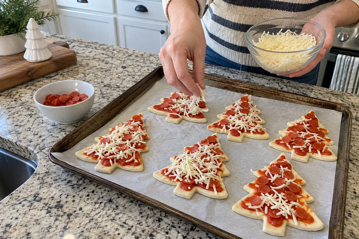 Christmas Tree Pizza – adding mozzarella and mini pepperoni to tree-shaped dough cutouts before baking