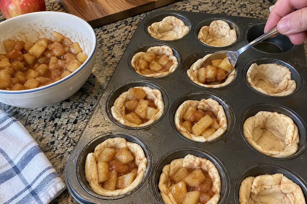 Cinnamon Roll Apple Pie Cups – spooning chopped apple pie filling into cinnamon roll dough pressed into a muffin pan