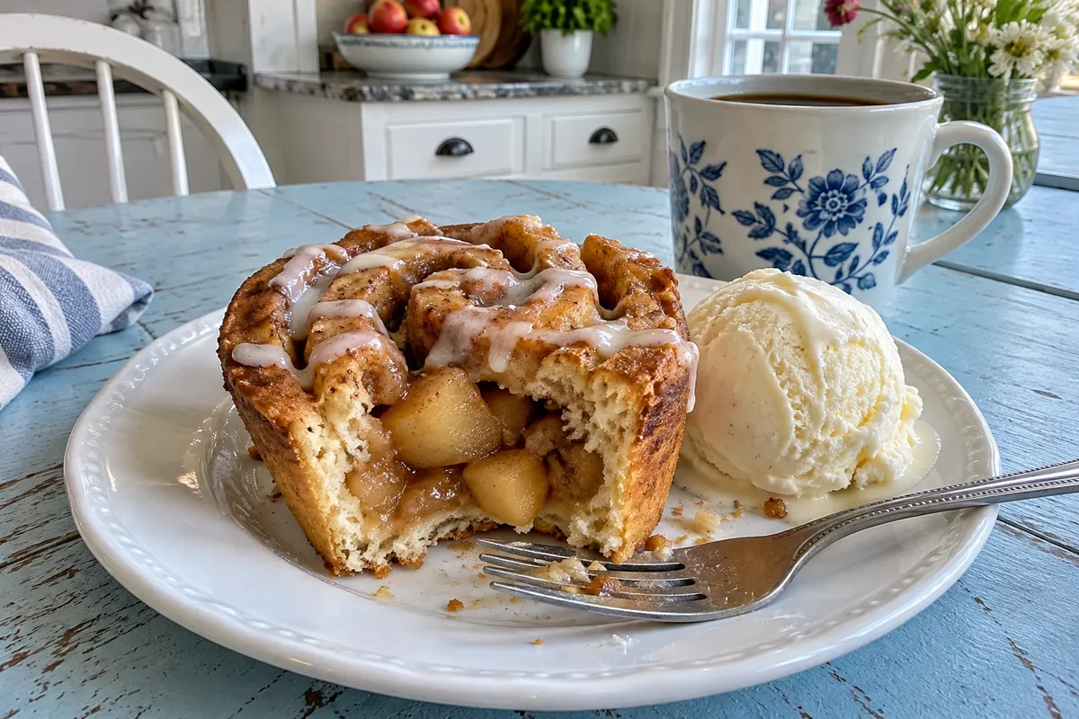 Cinnamon Roll Apple Pie Cups – an iced apple pie cup on a small plate with a scoop of vanilla ice cream