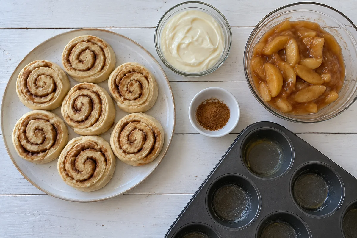 Cinnamon Roll Apple Pie Cups – ingredients with cinnamon roll dough, icing, apple pie filling and ground cinnamon