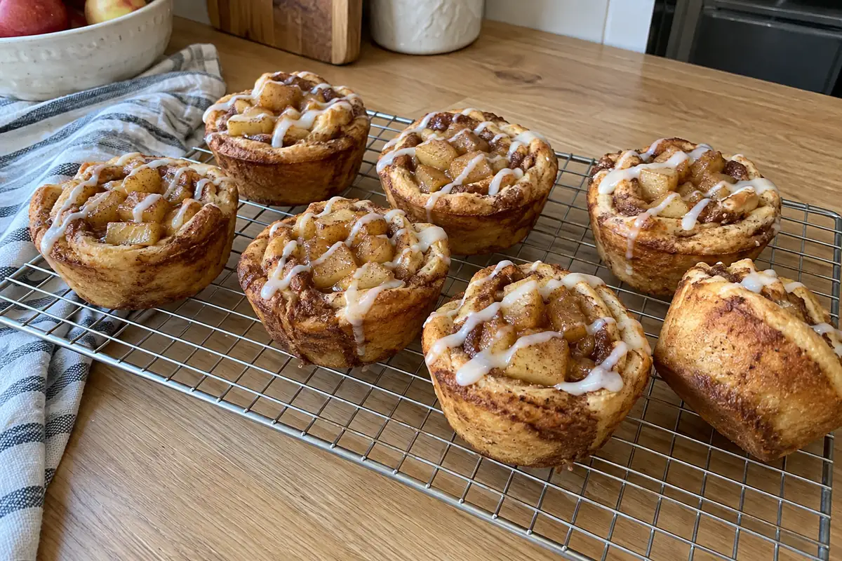 Cinnamon Roll Apple Pie Cups – golden cinnamon roll cups filled with apple pie filling and drizzled with icing on a cooling rack