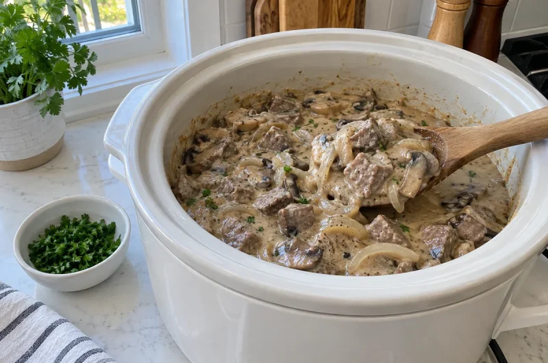 Crockpot Beef Stroganoff – creamy beef, mushrooms and onions in a slow cooker crock with a serving spoon