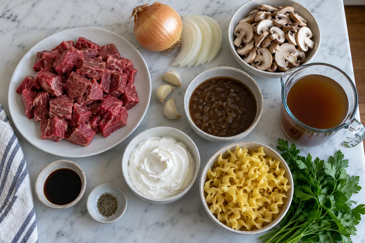 Crockpot Beef Stroganoff – ingredients with stew beef, onion, mushrooms, garlic, French onion soup, broth, sour cream and egg noodles