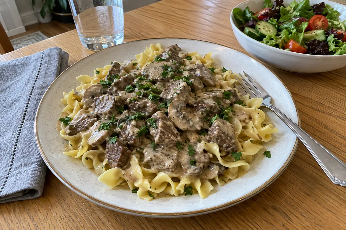Crockpot Beef Stroganoff – a plate of tender beef stroganoff over wide egg noodles topped with parsley
