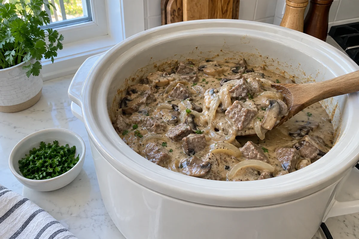Crockpot Beef Stroganoff – creamy beef, mushrooms and onions in a slow cooker crock with a serving spoon
