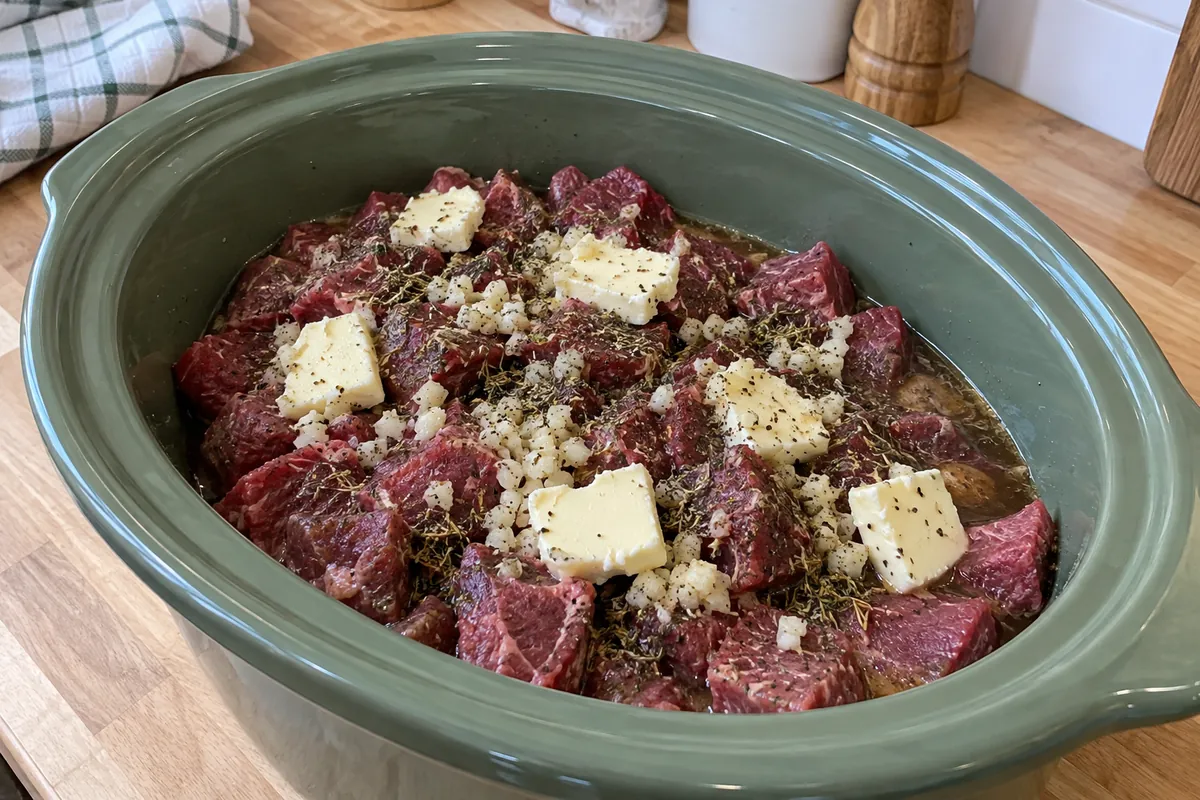 Crockpot Steak Bites – seasoned raw sirloin cubes with garlic and butter in the slow cooker before cooking