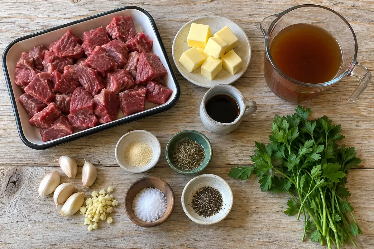 Crockpot Steak Bites – ingredients with sirloin steak, butter, garlic, Worcestershire sauce, broth, seasonings and parsley