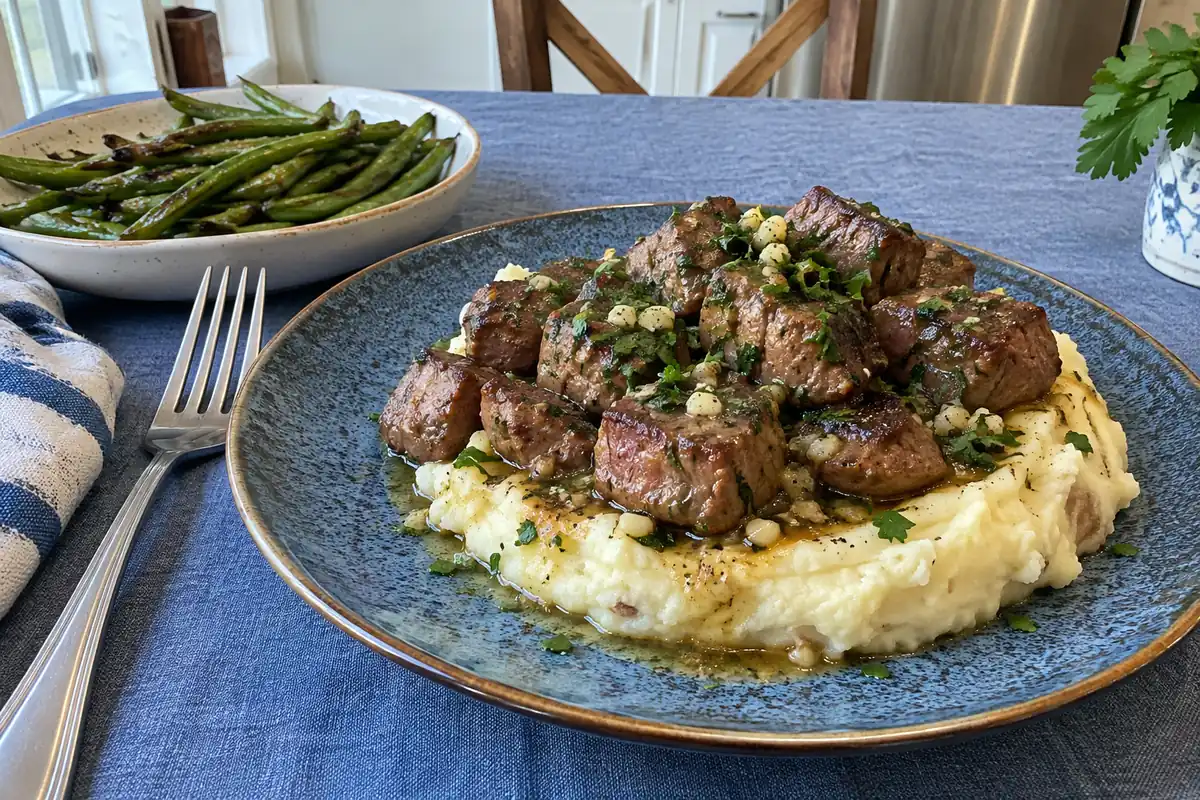 Crockpot Steak Bites – steak bites and garlic butter sauce served over mashed potatoes on a plate
