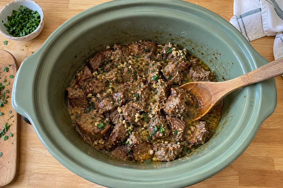 Crockpot Steak Bites – tender garlic butter steak bites with parsley in a sage green slow cooker crock