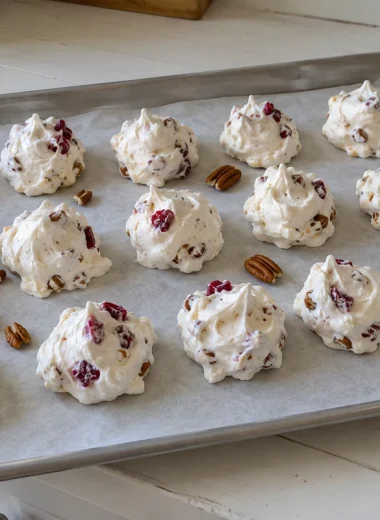 No Cook Divinity Candy - fluffy white swirled divinity pieces with chopped pecans on wax paper