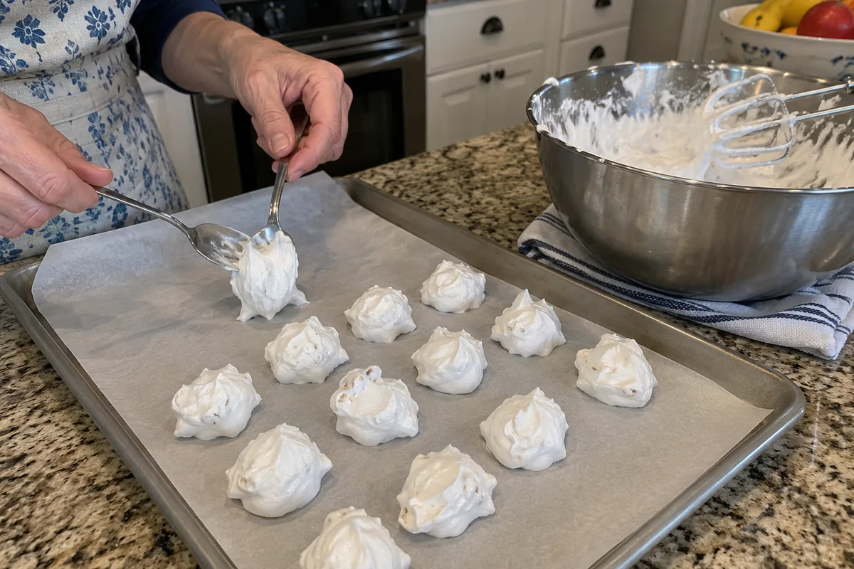 No Cook Divinity Candy - dropping spoonfuls of fluffy divinity onto a wax paper lined tray