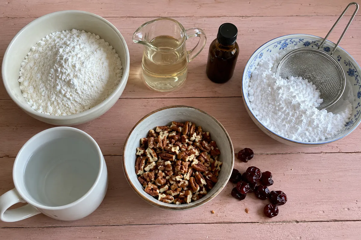 No Cook Divinity Candy - ingredients with frosting mix, corn syrup, vanilla, powdered sugar and chopped pecans