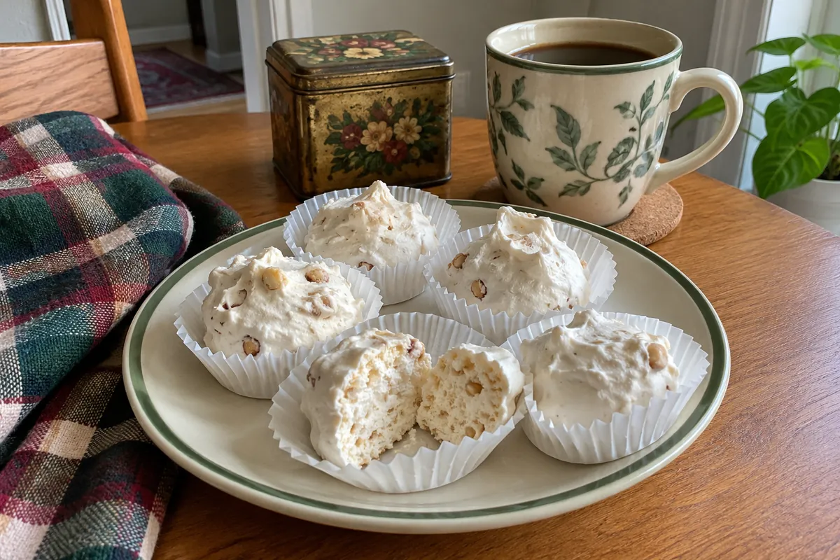 No Cook Divinity Candy - divinity pieces in paper candy cups on a small plate with a cup of coffee