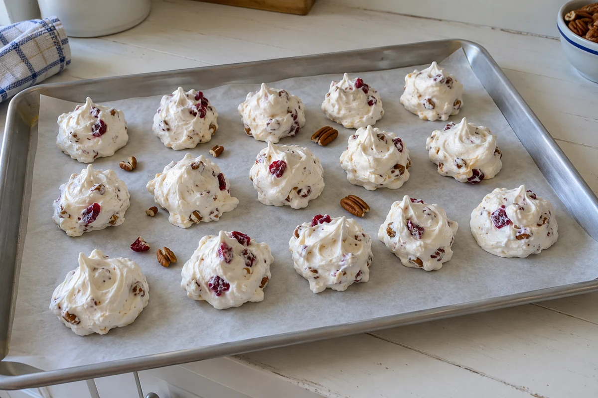 No Cook Divinity Candy - fluffy white swirled divinity pieces with chopped pecans on wax paper