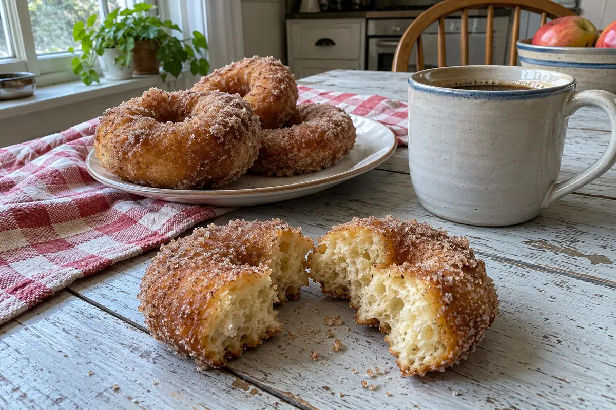 Easy and Fluffy Doughnut Rings – a doughnut ring broken open to show the soft fluffy inside next to a mug of coffee