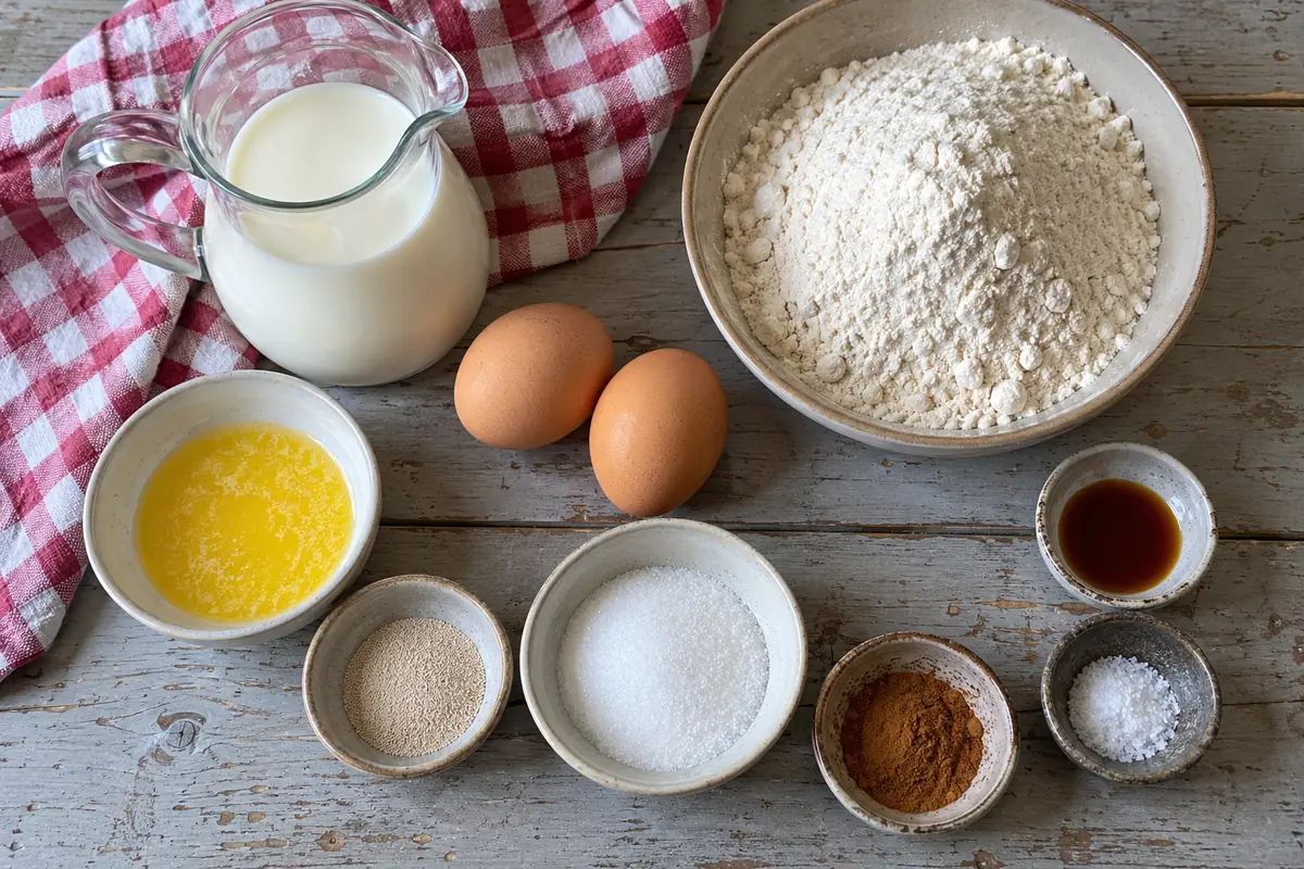 Easy and Fluffy Doughnut Rings – ingredients for yeast doughnuts with milk, eggs, butter, flour, yeast, white sugar and cinnamon