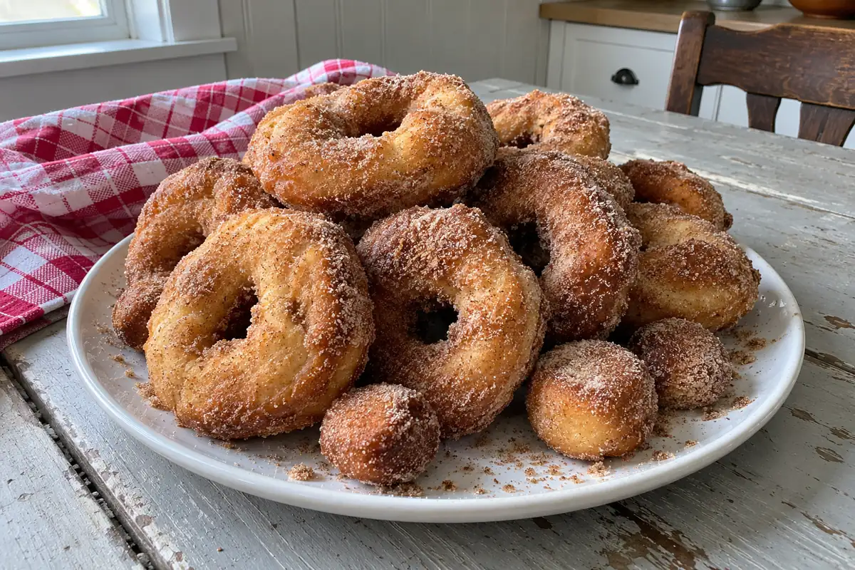 Easy and Fluffy Doughnut Rings – golden yeast doughnut rings rolled in cinnamon sugar piled on a plate