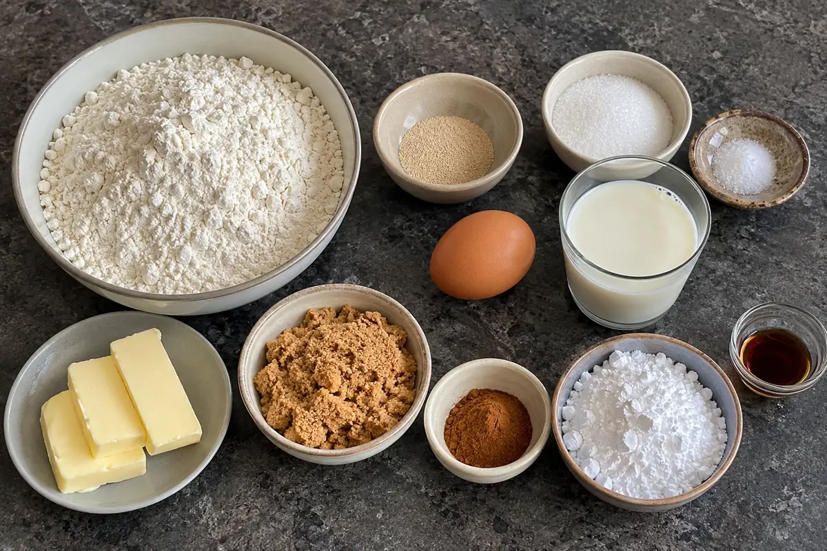 Easy Homemade Cinnamon Rolls - ingredients with bread flour, yeast, sugar, egg, butter, milk, brown sugar, cinnamon and powdered sugar