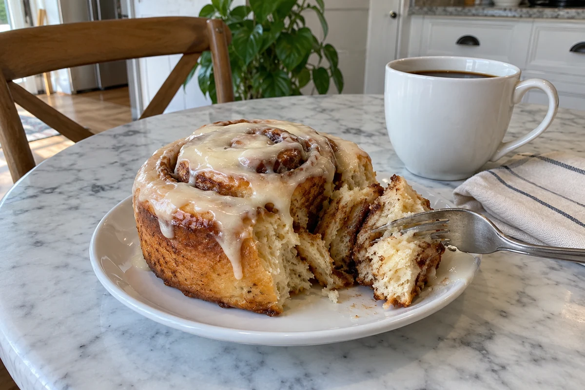 Easy Homemade Cinnamon Rolls - one iced cinnamon roll on a small plate with a fork and a cup of coffee