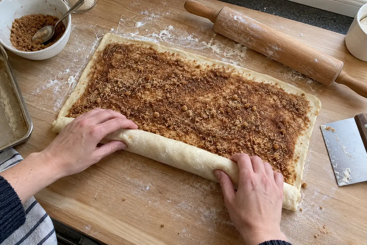 Easy Homemade Cinnamon Rolls - rolling the buttered brown sugar cinnamon dough into a tight log