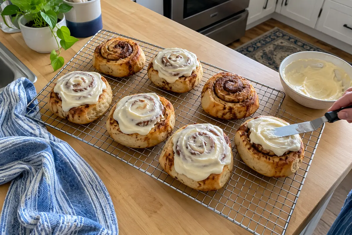 Easy Homemade Cinnamon Rolls - iced cinnamon rolls on a cooling rack with a spatula spreading vanilla icing