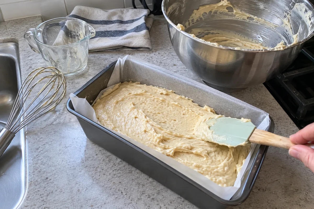 Eggnog Bread Recipe - thick eggnog batter being spread into a parchment-lined loaf pan