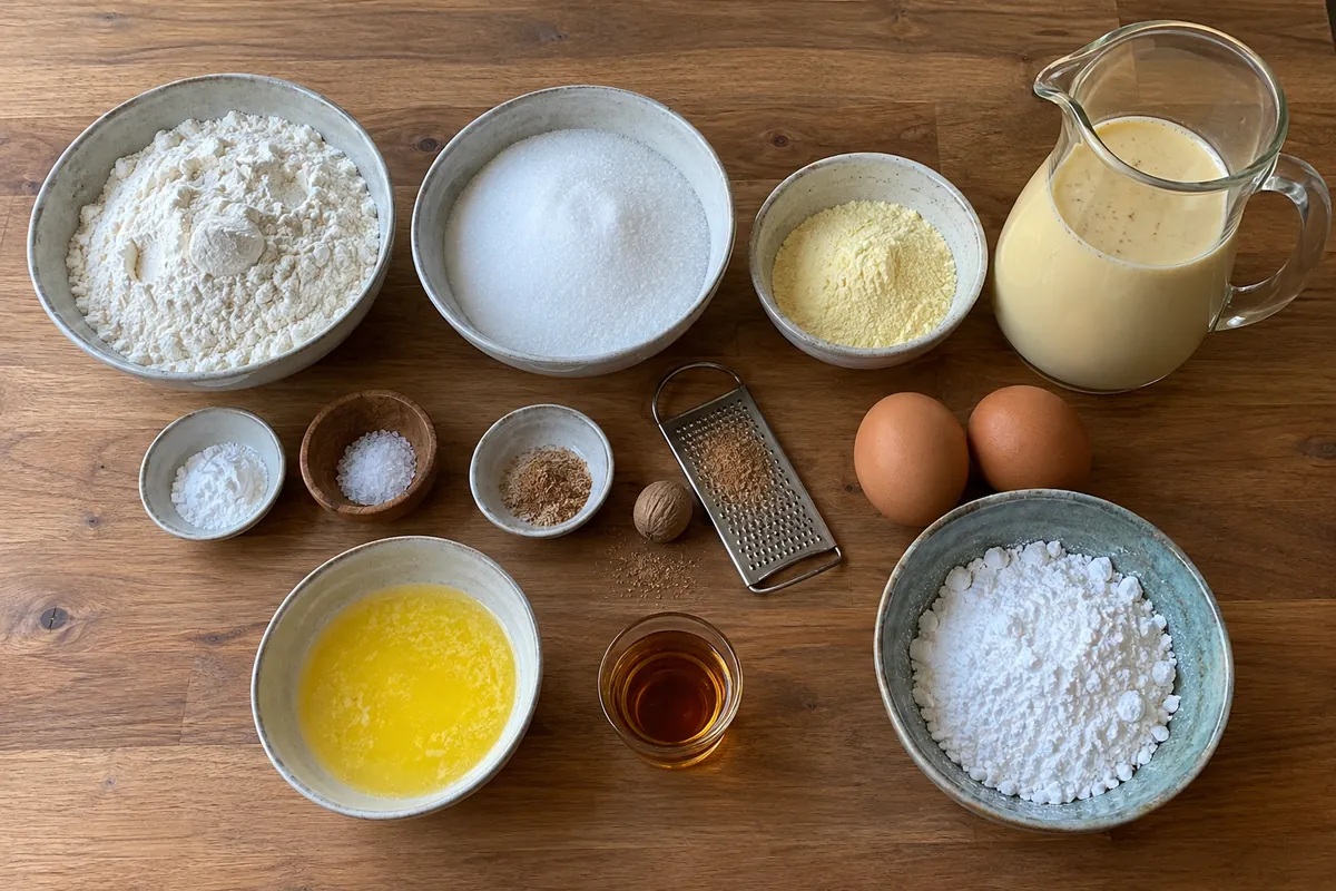 Eggnog Bread Recipe - ingredients with flour, sugar, pudding mix, eggnog, eggs, butter, nutmeg and spiced rum
