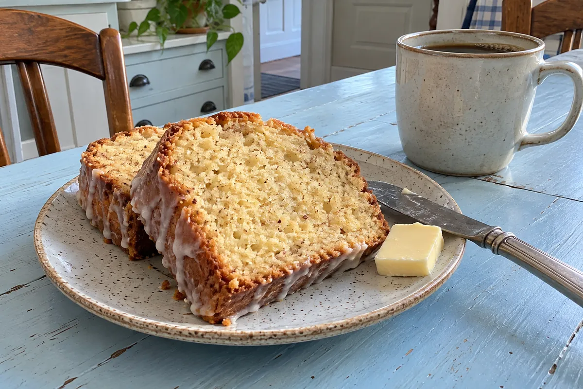 Eggnog Bread Recipe - two thick slices of eggnog bread with glaze on a small plate next to a cup of coffee