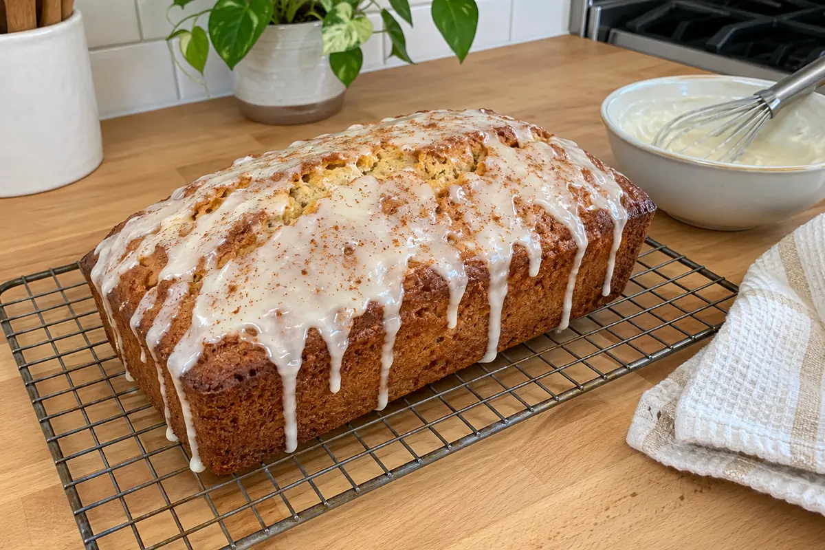 Eggnog Bread Recipe - a glazed eggnog loaf on a wire rack with rum glaze dripping down the sides and a sprinkle of nutmeg