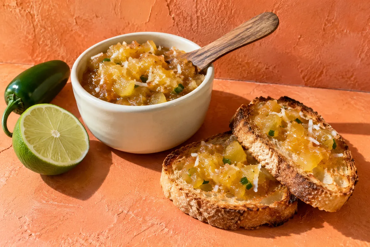 Fire Monkey Butter - a small glazed ceramic crock of sweet and spicy pineapple banana spread with toast on a tangerine-orange backdrop
