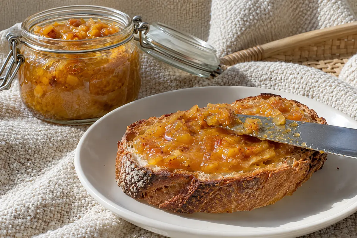 Fire Monkey Butter - a knife spreading the tropical jalapeno spread on toasted bread on an oatmeal boucle backdrop