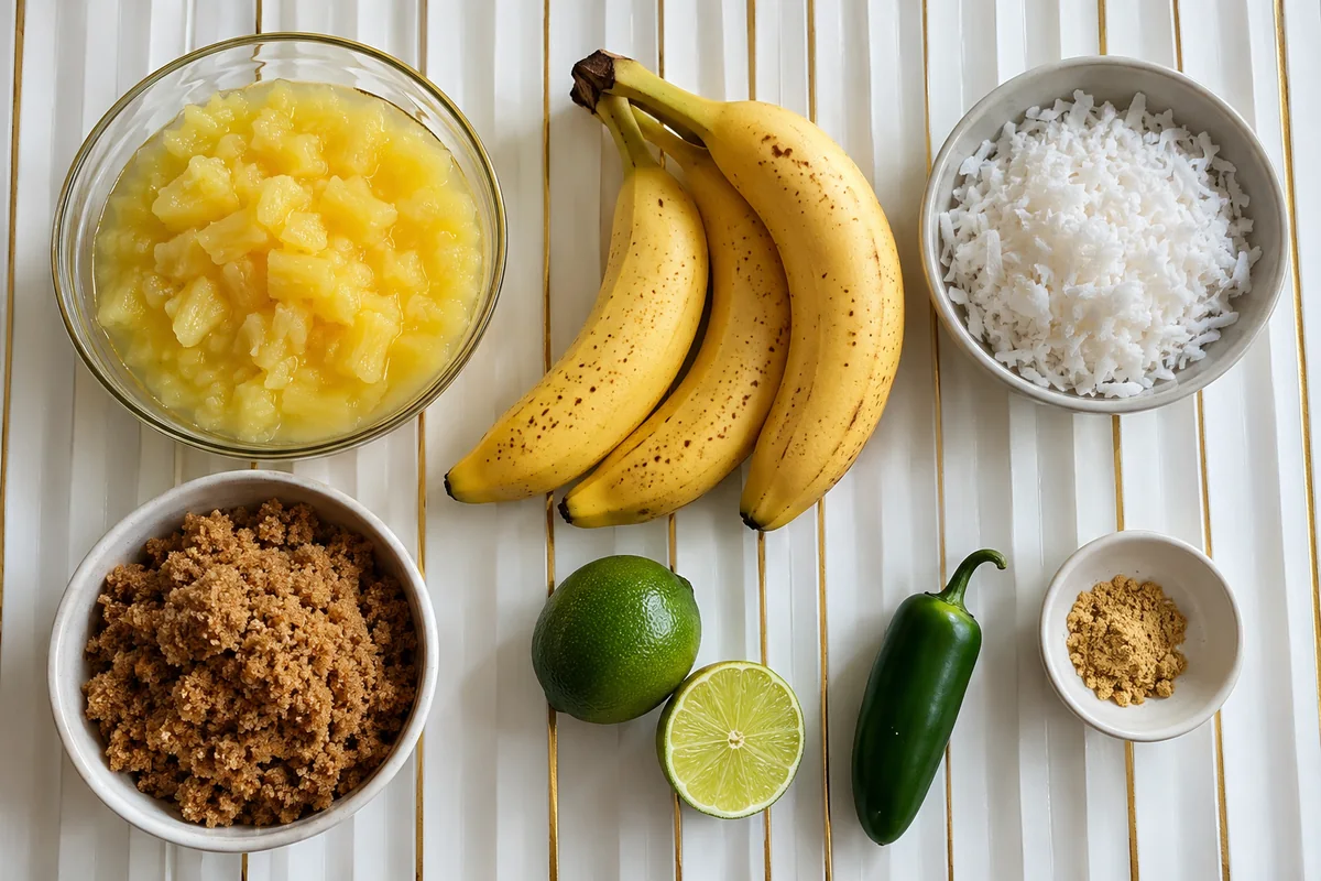 Fire Monkey Butter - ingredients with crushed pineapple, ripe bananas, shredded coconut, brown sugar, limes, jalapeno and ground ginger