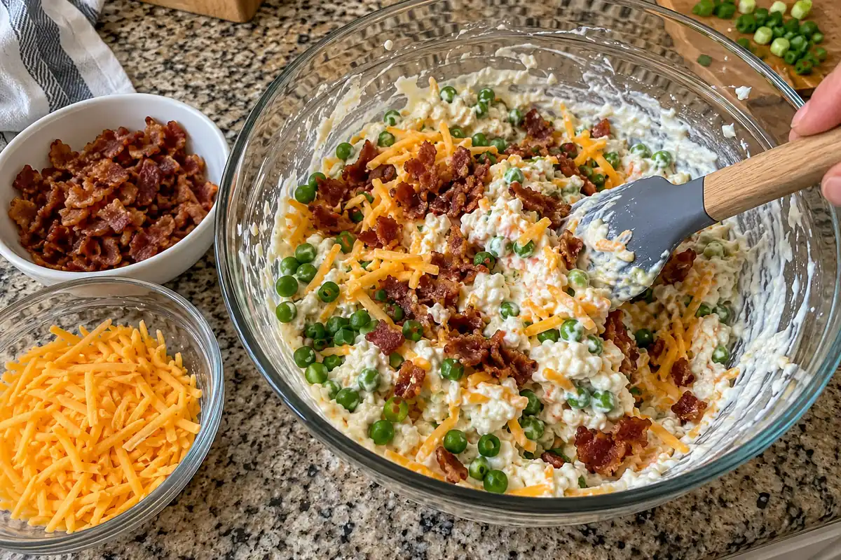 Folding crumbled bacon into creamy loaded cottage cheese salad in a mixing bowl
