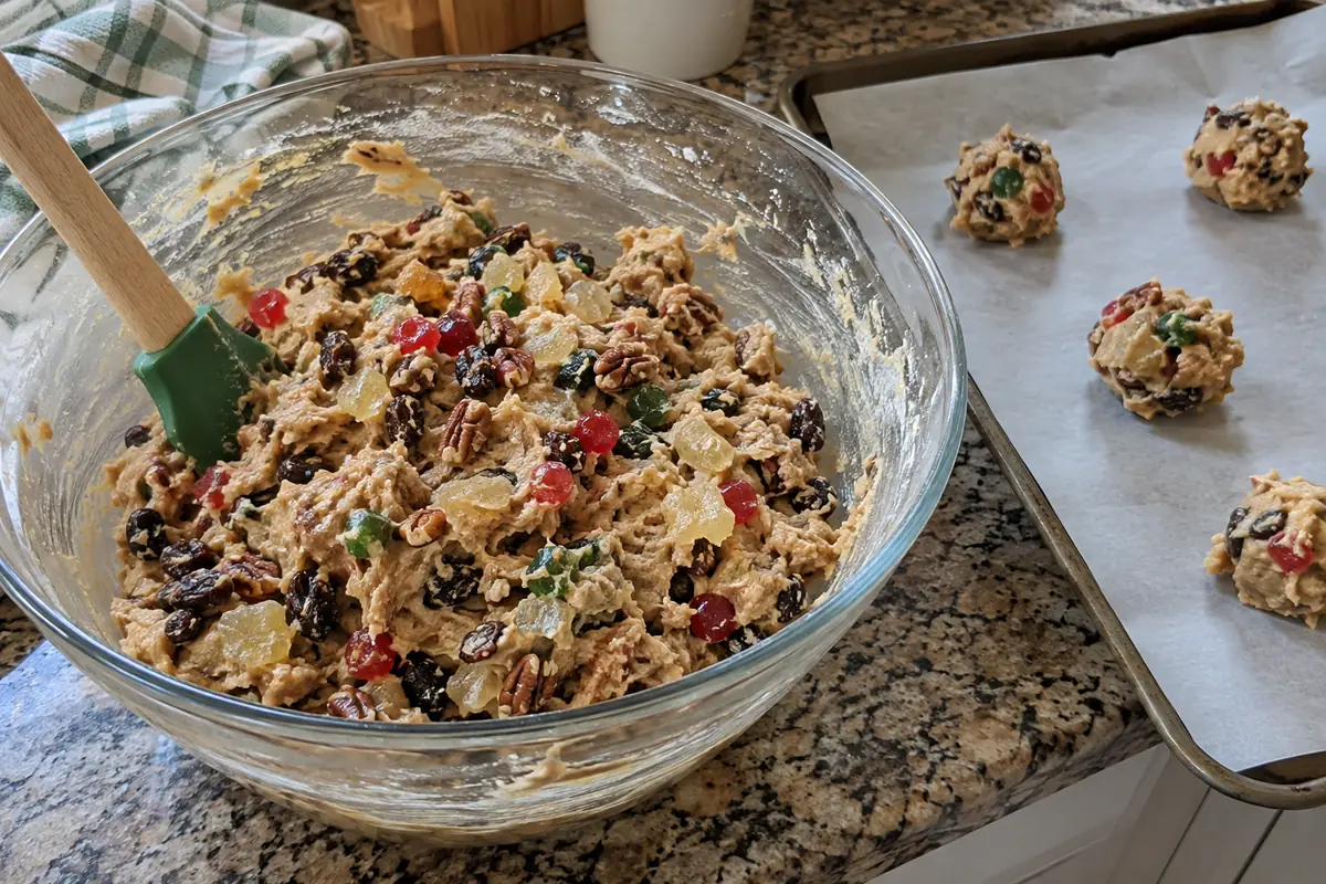 Old-Fashioned Fruitcake Cookies – folding candied fruit, raisins and pecans into the spiced butter dough