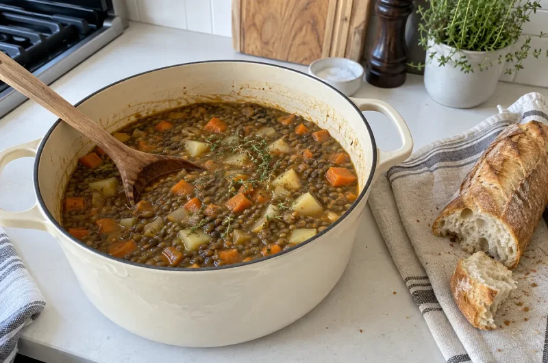 Easy French Lentil Soup – a pot of lentil soup with potatoes, carrots and thyme with a ladle and crusty bread