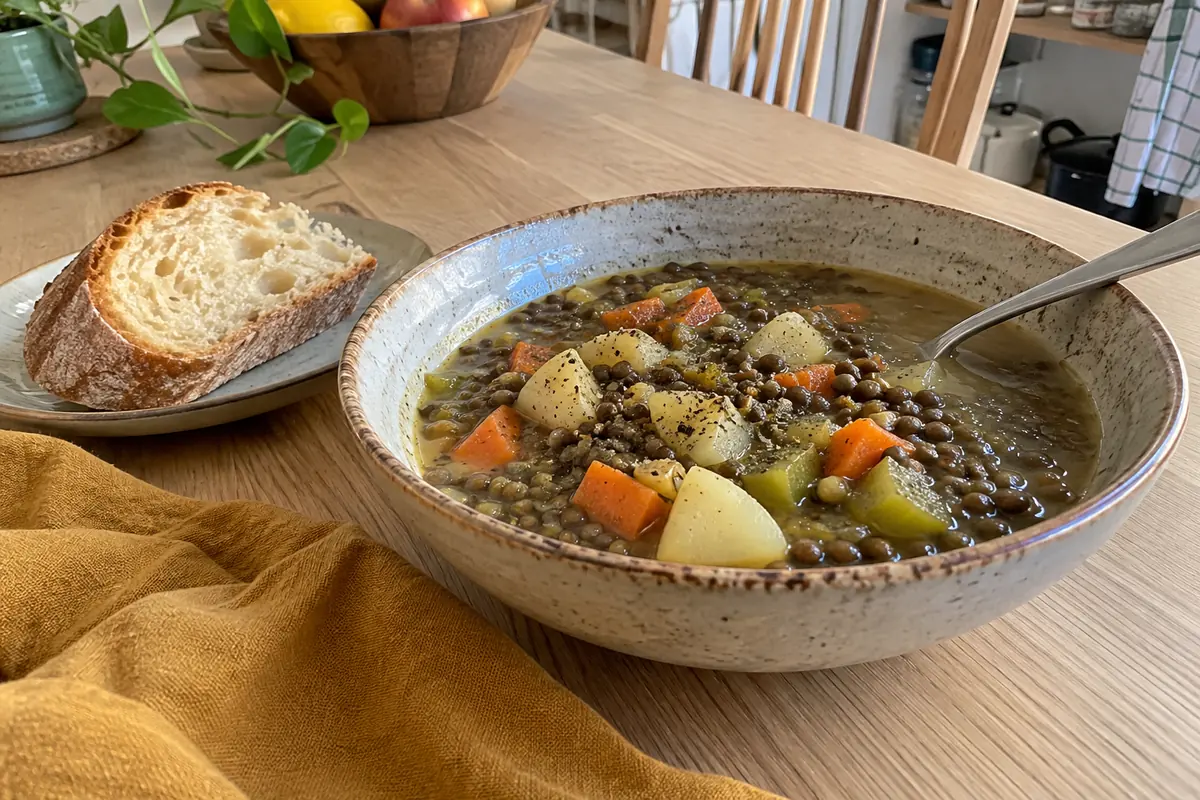 Easy French Lentil Soup – a bowl of lentil soup with a spoon and a slice of crusty bread on the side