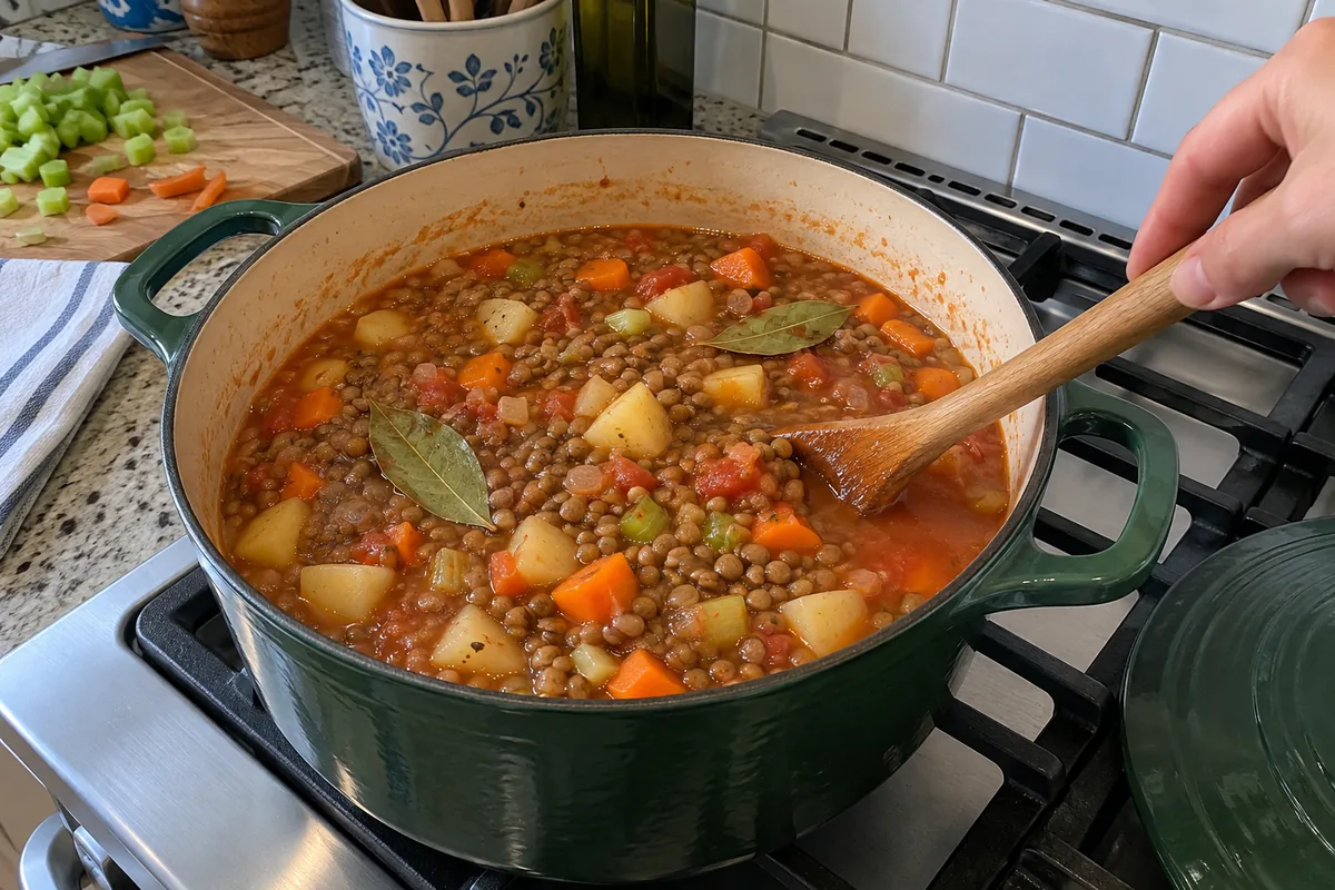 Easy French Lentil Soup – lentils, potatoes and vegetables simmering in broth in a Dutch oven