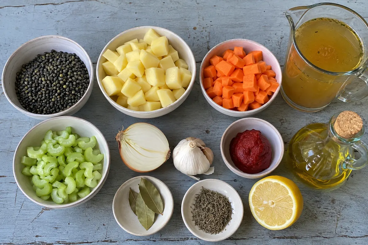 Easy French Lentil Soup – ingredients with French green lentils, potatoes, carrots, celery, onion, garlic and herbs