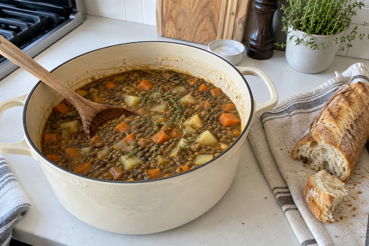 Easy French Lentil Soup – a pot of lentil soup with potatoes, carrots and thyme with a ladle and crusty bread