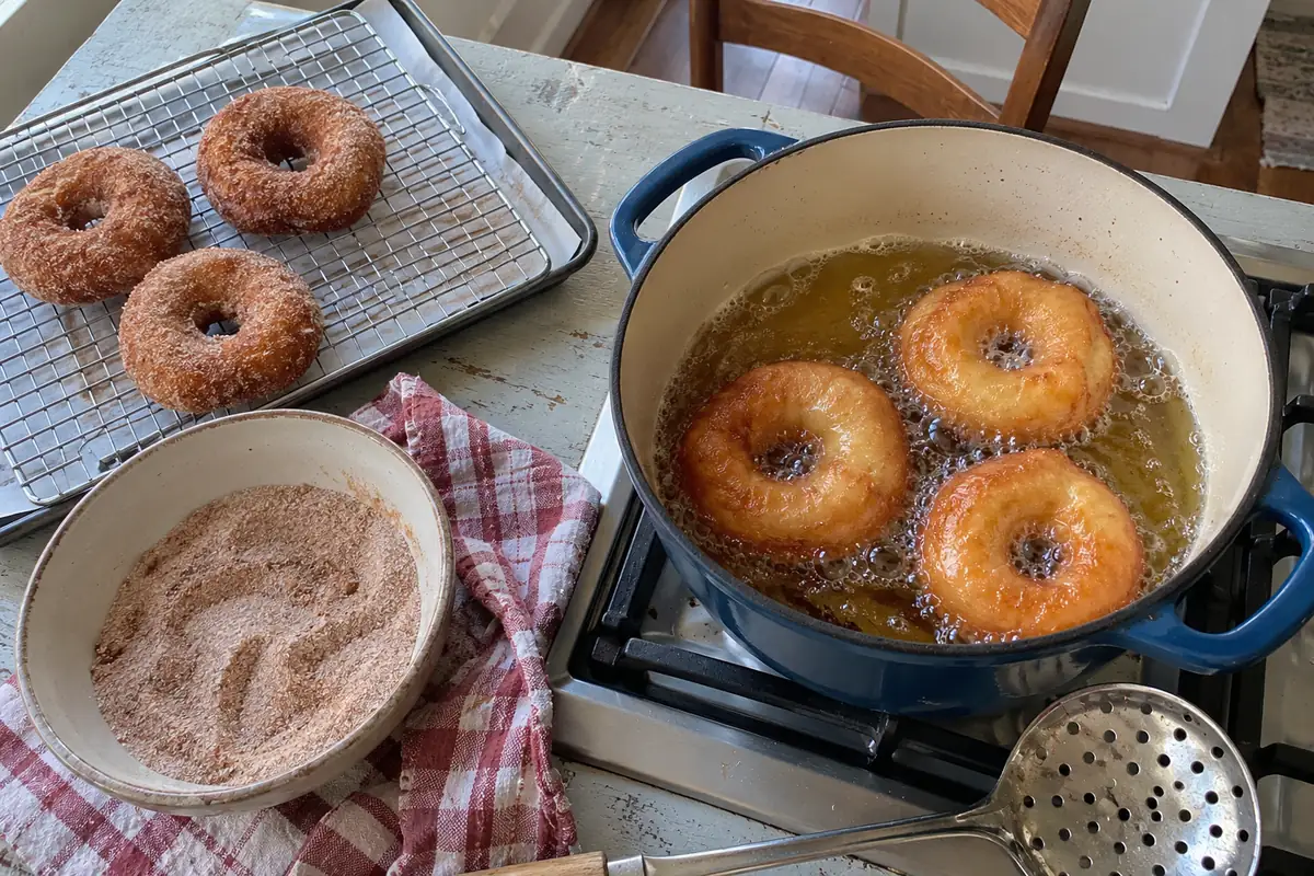 Easy and Fluffy Doughnut Rings – frying doughnut rings in hot oil in a heavy pot