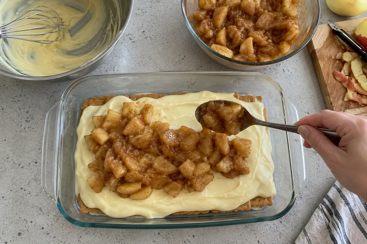 No Bake Caramel Apple Eclair Cake – spooning cinnamon apple pie filling over the vanilla pudding layer in a 9x13 pan