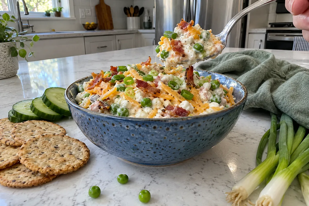 Bowl of loaded cottage cheese salad served with crackers and cucumber slices