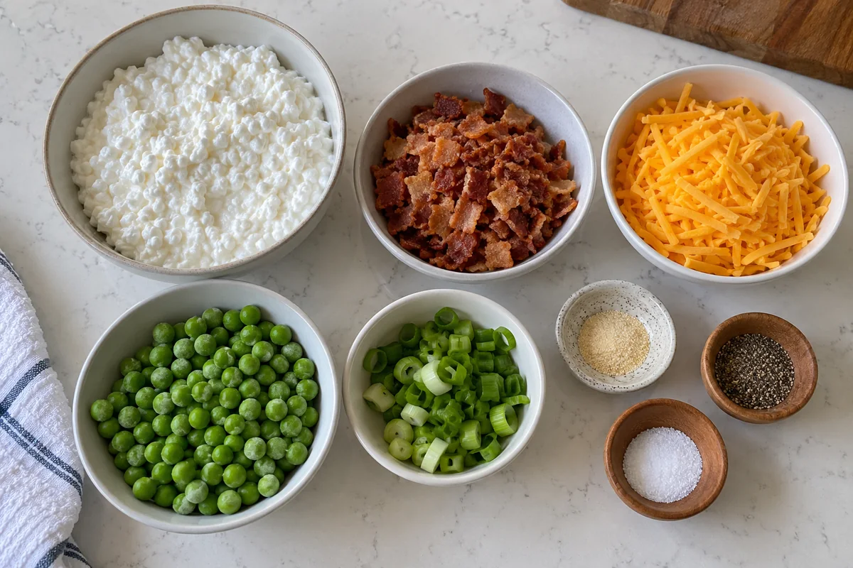 Ingredients for loaded cottage cheese salad: cottage cheese, bacon, sharp cheddar, green peas, green onions, garlic powder and pepper