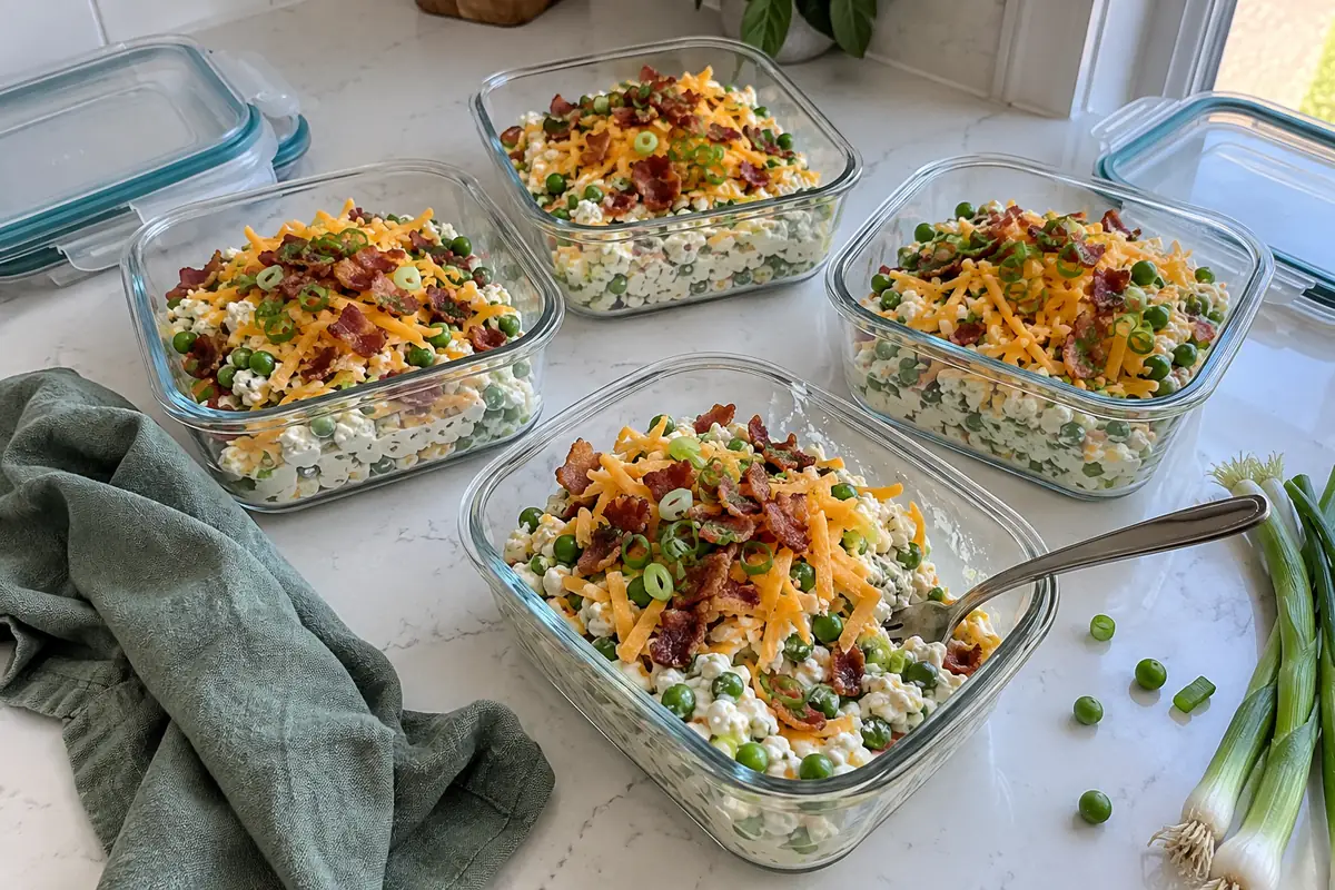 Loaded cottage cheese salad with bacon, cheddar, peas and green onions in four meal prep containers