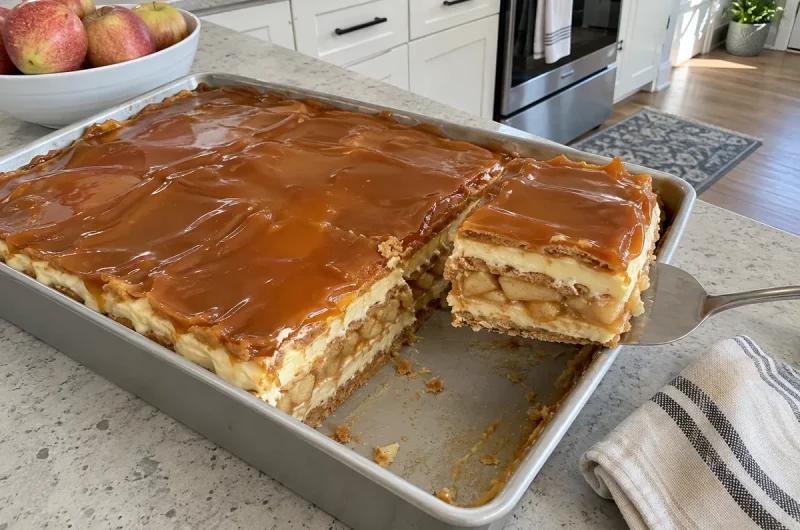 No Bake Caramel Apple Eclair Cake – layered graham cracker cake with caramel apple topping in a 9x13 pan with one square cut out
