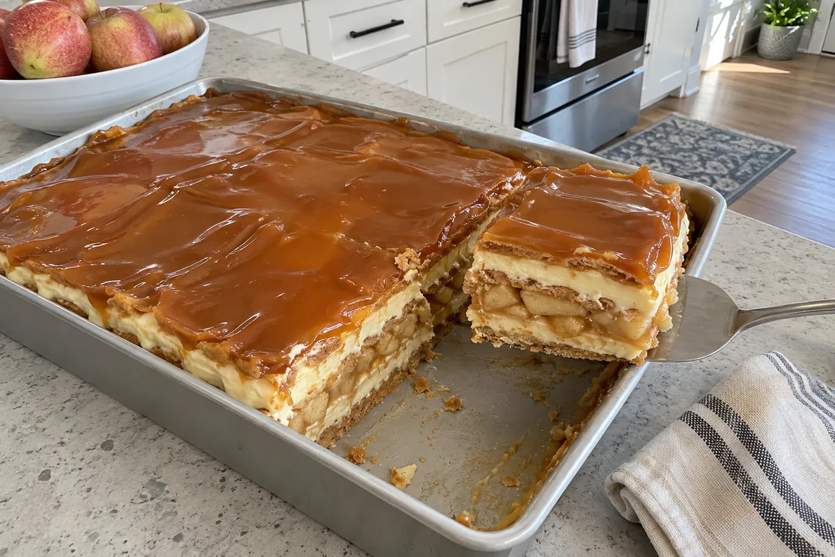 No Bake Caramel Apple Eclair Cake – layered graham cracker cake with caramel apple topping in a 9x13 pan with one square cut out