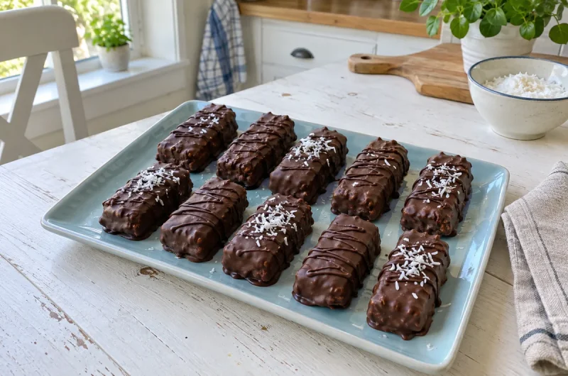 No Bake Chocolate Coconut Bars – chocolate-dipped coconut bars with chocolate drizzle lined up on a light ceramic platter