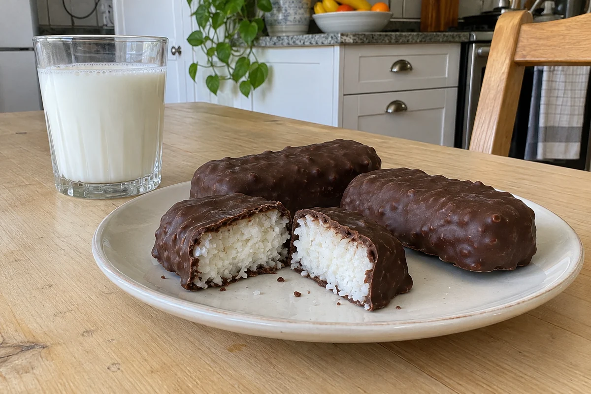 No Bake Chocolate Coconut Bars – one bar cut in half showing the white coconut filling inside the chocolate shell