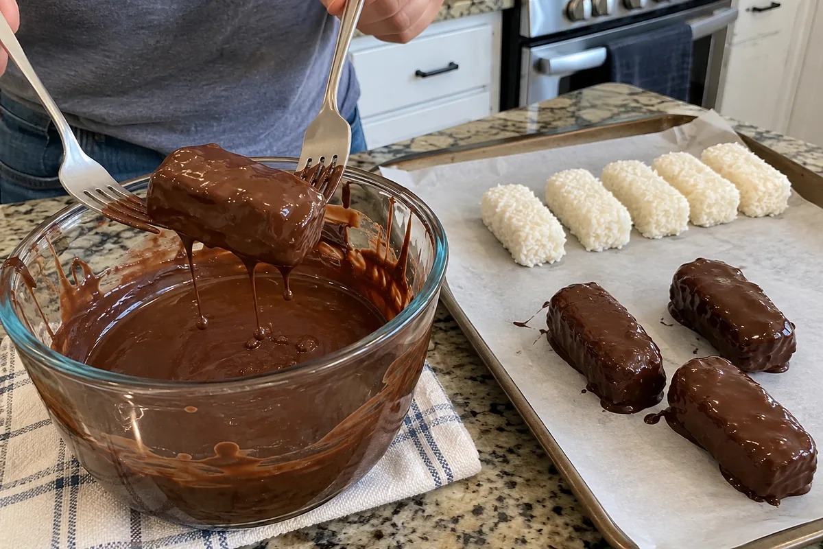 No Bake Chocolate Coconut Bars – dipping a frozen coconut bar into melted chocolate with two forks